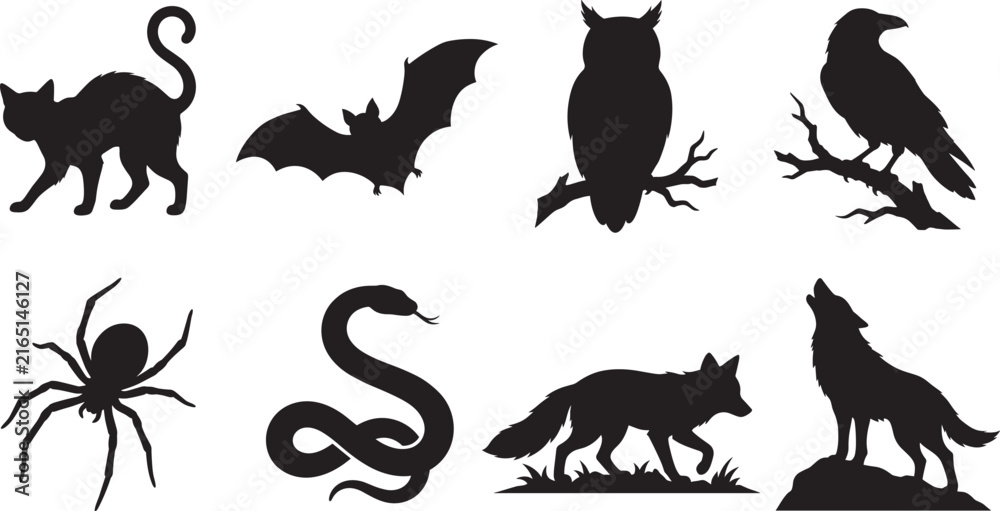 Fototapeta premium Halloween Animal Silhouette Collection Featuring Black Cat Bat Owl Raven Spider Snake Fox and Wolf Vector SetHalloween Animal Silhouette Collection Featuring Black Cat Bat Owl Raven Spider Snake Fox