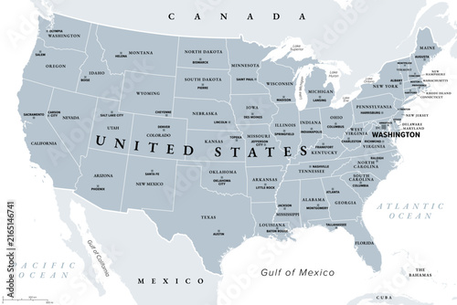 United States mainland, gray political map with capitals. The Contiguous United States, consisting of 48 adjoining U.S. states and the District of Columbia, in North America. Illustration. Vector
