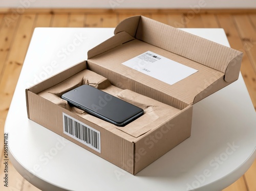 A modern smartphone rests inside an open cardboard shipping box, cradled by protective padding, ready for delivery or unboxing.