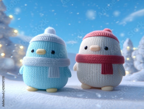 Plakat 雪が舞う冬の景色の中で寄り添って立つマフラー姿の可愛いペンギンのぬいぐるみ
