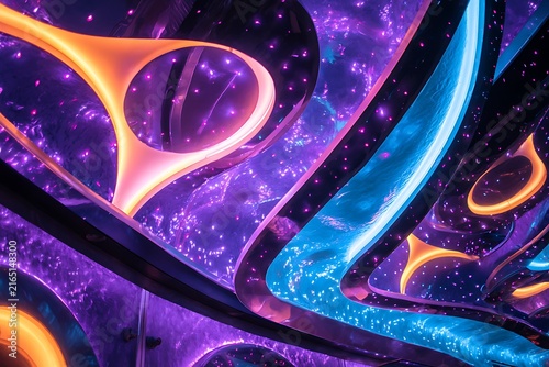 Abstract cosmic tunnel with vibrant neon lights, creating a futuristic and immersive experience, showcasing modern design.