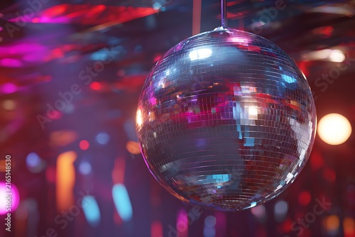 A vibrant disco ball hangs from the ceiling, reflecting colorful lights and creating a festive atmosphere.