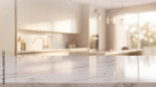 White Marble Countertop with Bright Blurred Modern Kitchen Background for Product Display