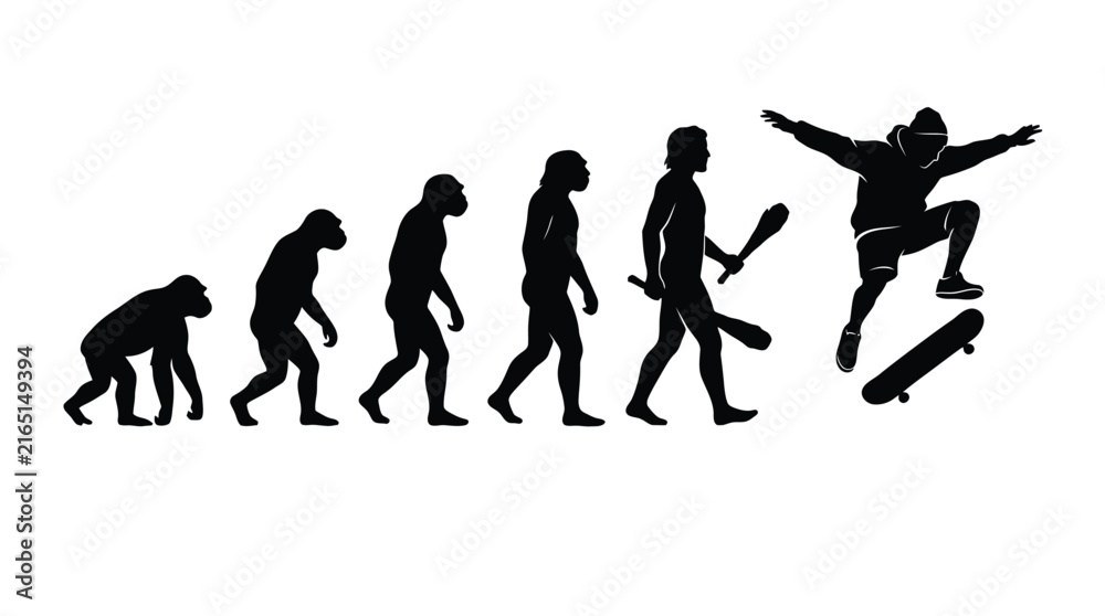 Obraz premium Evolution of humanity from primate to modern skateboarder depicted in a detailed black vector graphic illustration