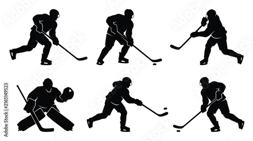 Black silhouettes representing ice hockey players in action poses vector illustration for sports graphic design projects