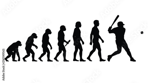 Human evolution sequence leading to a professional baseball player hitting a ball in black vector illustration