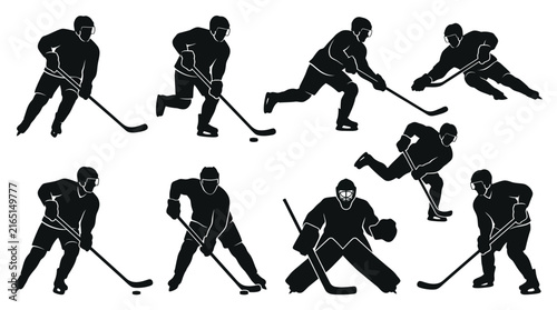 Dynamic ice hockey player silhouettes performing various athletic skating maneuvers in professional vector graphic sports illustration