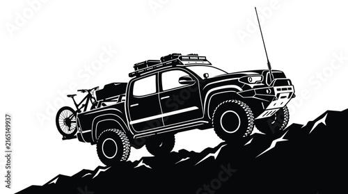 Black and white vector illustration of an offroad pickup truck carrying a mountain bike uphill