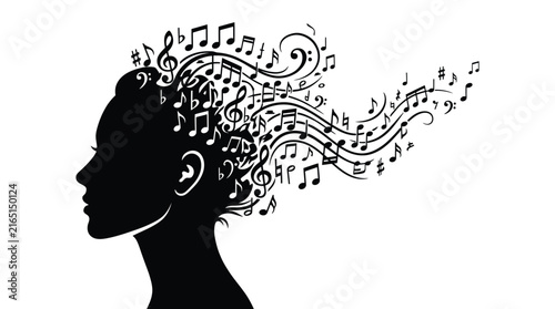 Female head silhouette with flowing musical notes as stylized hair in this elegant vector graphic illustration