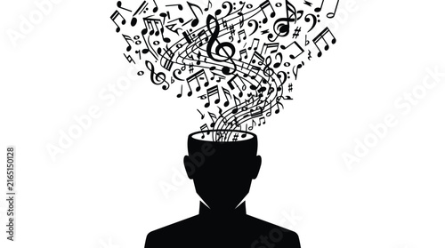 Creative music notes flowing out of human head silhouette in this detailed black and white illustration