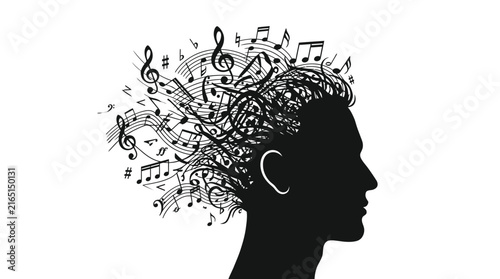Silhouette of human head with flowing musical notes as hair in creative vector graphic design style