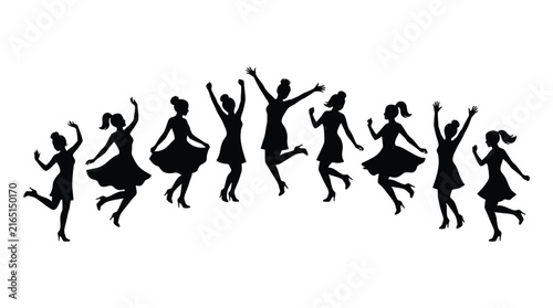 Cheerful young women silhouettes jumping and dancing together in this stylized black vector graphic design illustration