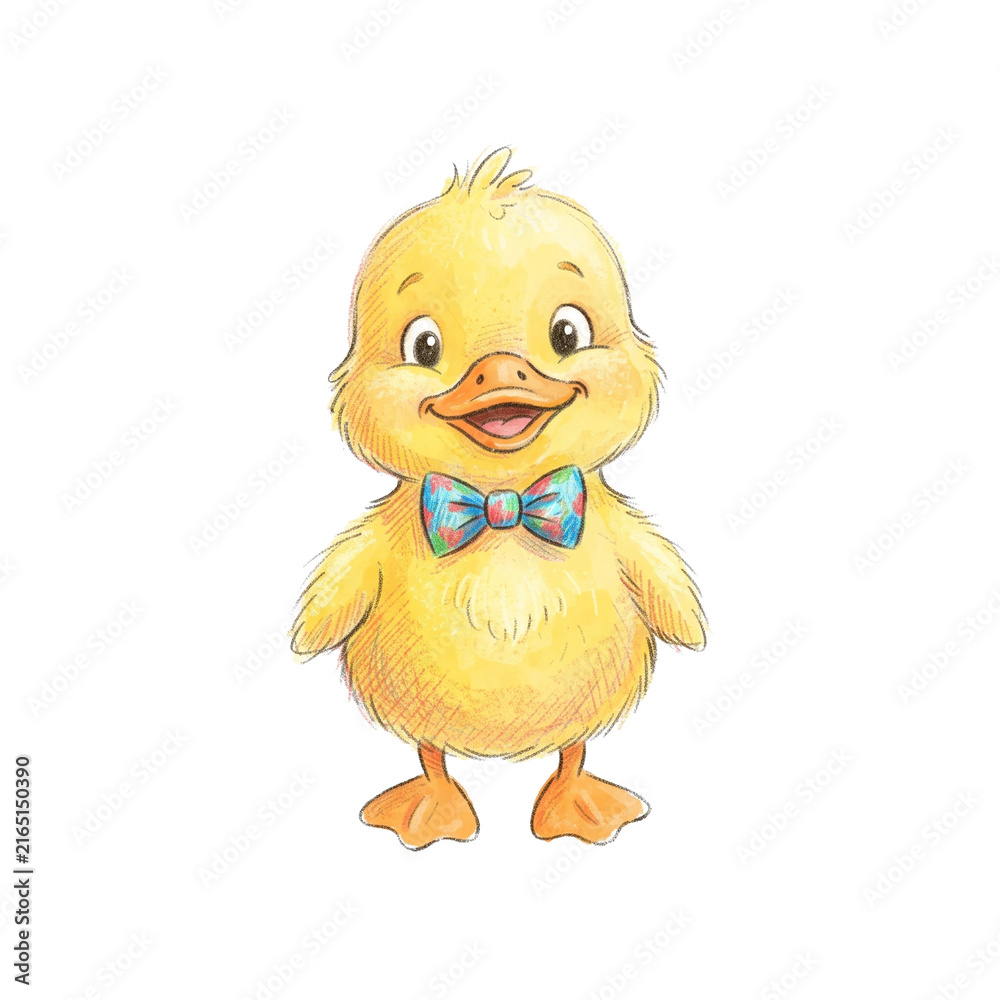 Fototapeta premium Whimsical children book illustration of an adorable tiny yellow duckling wearing a bow tie in naive folk art style