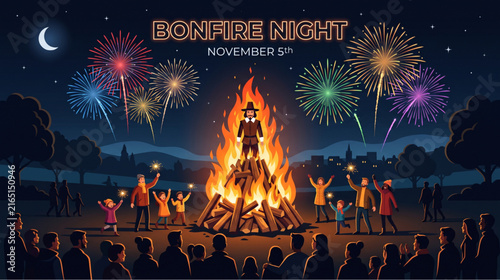 Принти на полотні Bonfire Night illustration with Guy Fawkes effigy burning and colorful fireworks