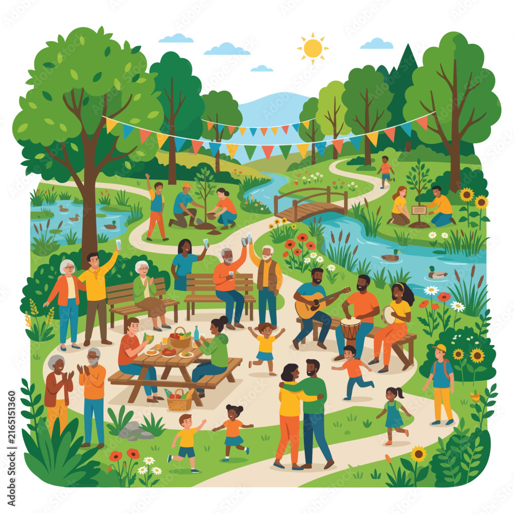 Fototapeta premium Diverse Group of People Enjoying a Vibrant Community Picnic and Nature Celebration in a Lush Park Setting