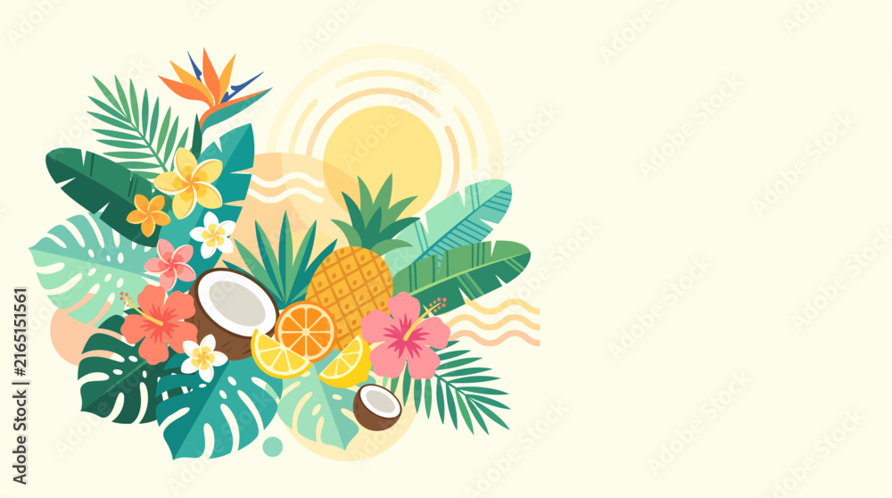Fototapeta premium A vibrant illustration of tropical fruits, exotic flowers, and lush green leaves, set against a stylized sun and abstract shapes, evoking a summer vacation theme.