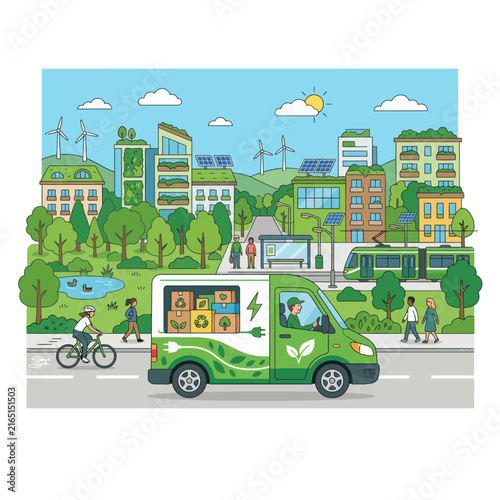 Electric delivery van driving on the street of a modern sustainable eco-friendly city with green buildings, wind turbines, and solar panels