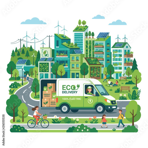 Sustainable Eco-Friendly Green City with Electric Delivery Van and Renewable Energy Sources