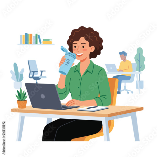 Eco-friendly female employee drinking water from reusable bottle while working on laptop in modern sustainable office