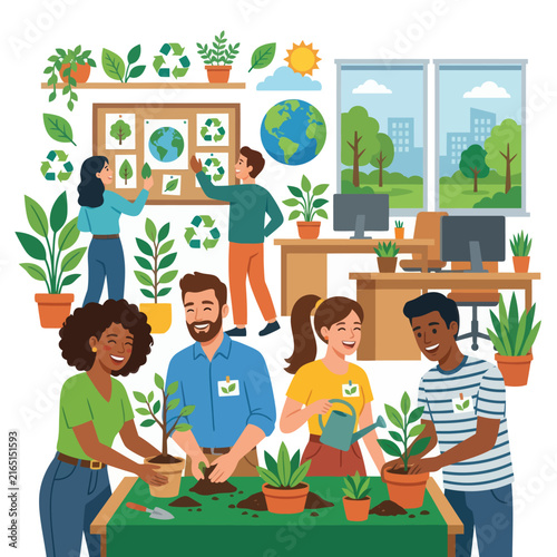 Diverse professional team collaborating on sustainable indoor gardening project to celebrate Earth Day in a modern green office environment