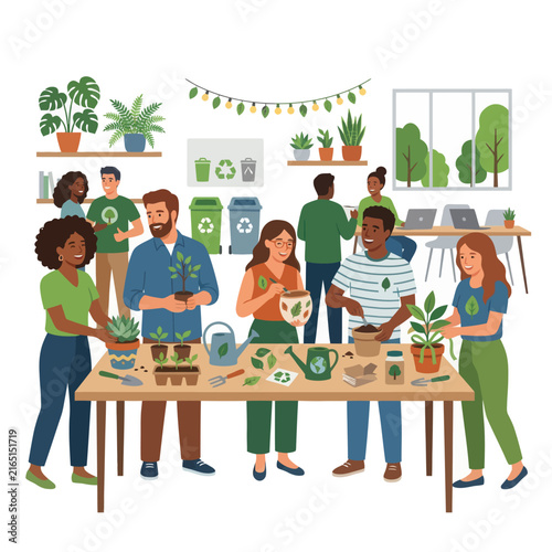 Diverse team collaboration in an eco-friendly office, engaging in sustainable gardening and recycling activities to foster environmental responsibility and community spirit