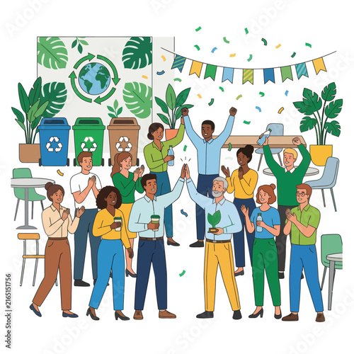 Diverse employees celebrating zero waste achievement with recycling bins and eco decor in sustainable office environment