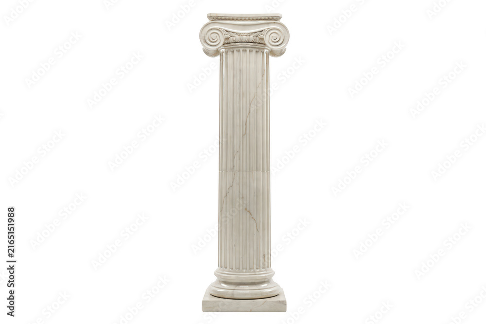 Naklejka premium A classic white marble architectural column with an ionic capital, isolated on a white background, representing ancient greek or roman history
