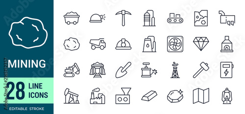 Foto Mining industry line icon set featuring mining equipment, extraction, drilling, minerals, quarry, oil, energy, and geological symbols