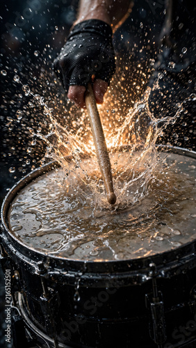 Action close up photo of drummer striking wet snare drum with backlit water splash droplets flying off drumhead