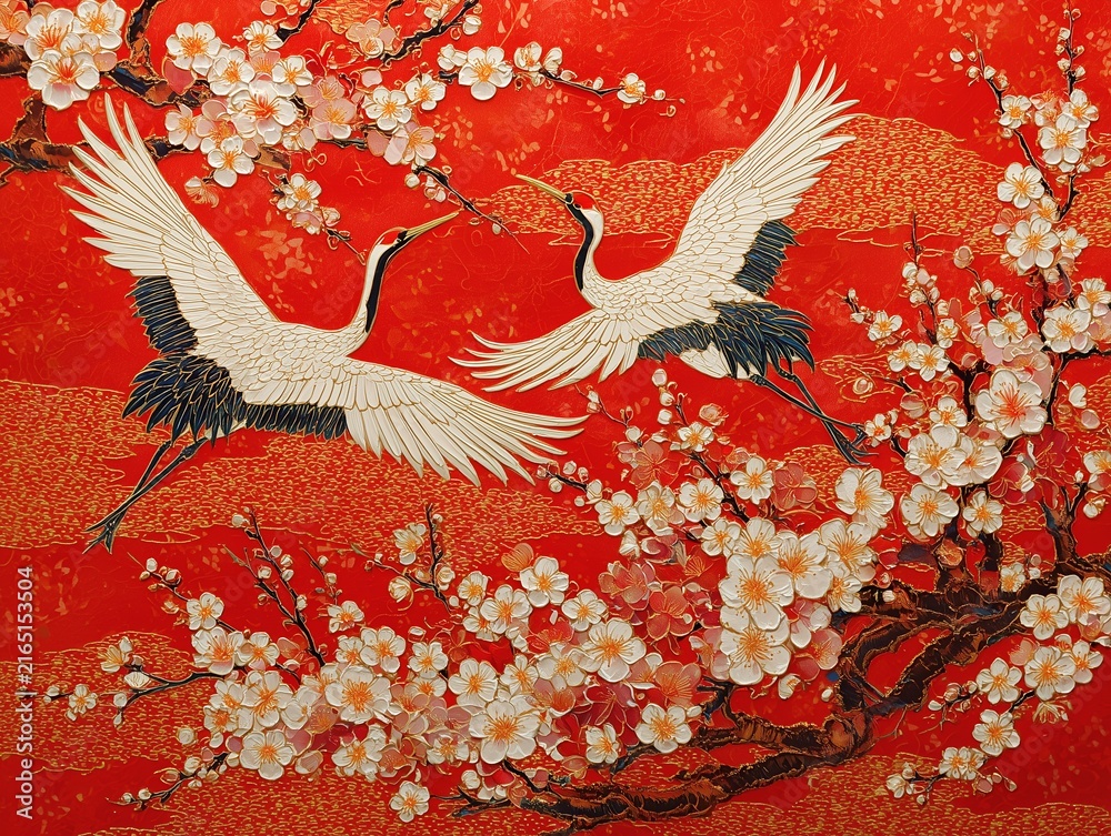 Naklejka premium 赤い背景に梅の花が咲き誇り二羽の鶴が舞う華やかな和風アート作品