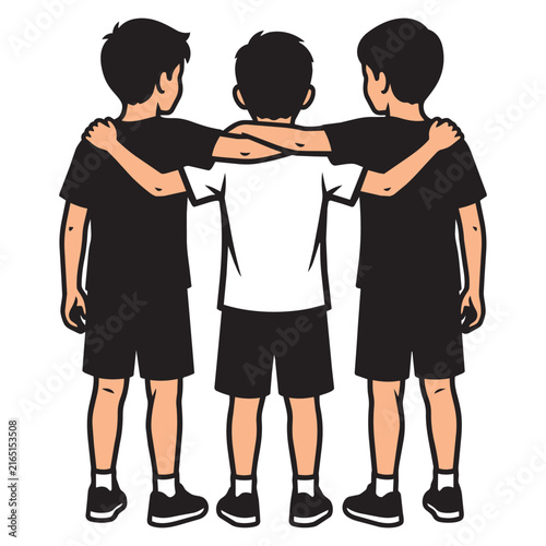 Foto Illustration of three young men standing with their arms around each other's shoulders