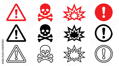 A collection of warning signs and symbols, including hazard alerts, skull and crossbones, and exclamation marks for danger and safety information
