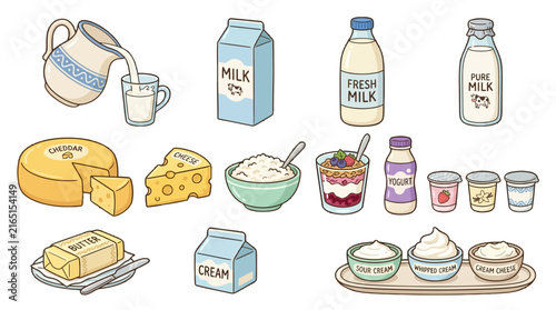 A collection of hand-drawn dairy products including milk cartons bottles cheese butter yogurt and various creamy ingredients for food design
