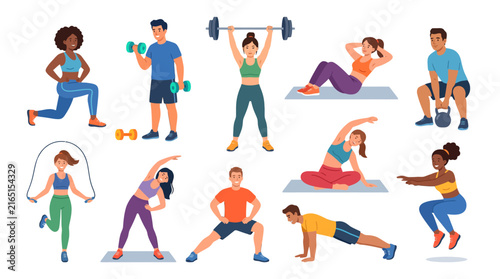 Diverse people practicing various fitness exercises and gym workout routines in a flat vector illustration collection