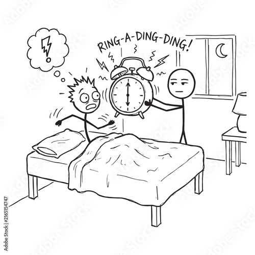 Humorous hand-drawn stick figure comic of a person being woken up by a loud alarm clock.