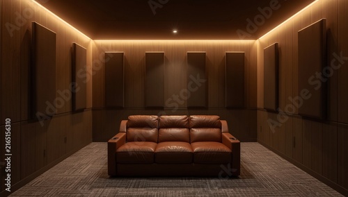 Luxurious home theater room featuring elegant leather seating with warm ambient lighting