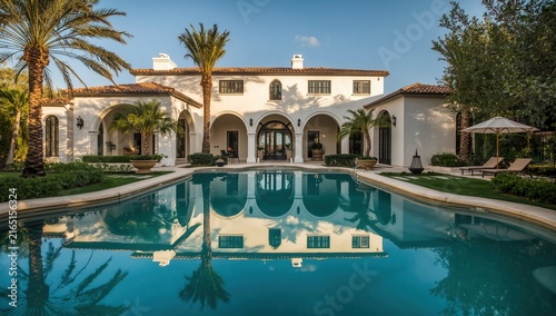 Luxurious villa with a palm tree landscape and a tranquil swimming pool reflecting the architecture