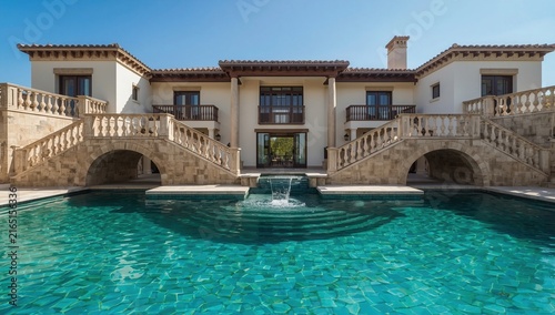 Luxurious villa with a stunning pool surrounded by stone architecture and sunny blue skies