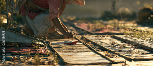 Sunlight bathes a farmer tending rice paddies
