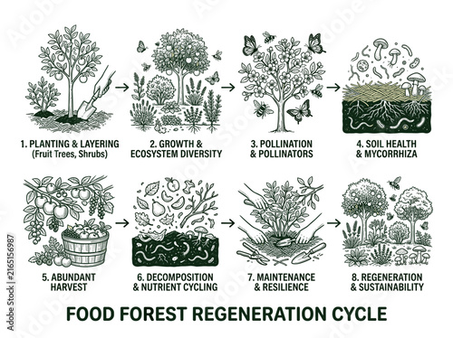 Принти на полотні A diagram illustrates the eight stages of the food forest regeneration cycle sho