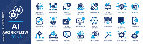 AI Workflow and Automation Icon Set. Featuring artificial intelligence, machine learning, AI agents, AI software, algorithms, and more. Solid vector icon collection.