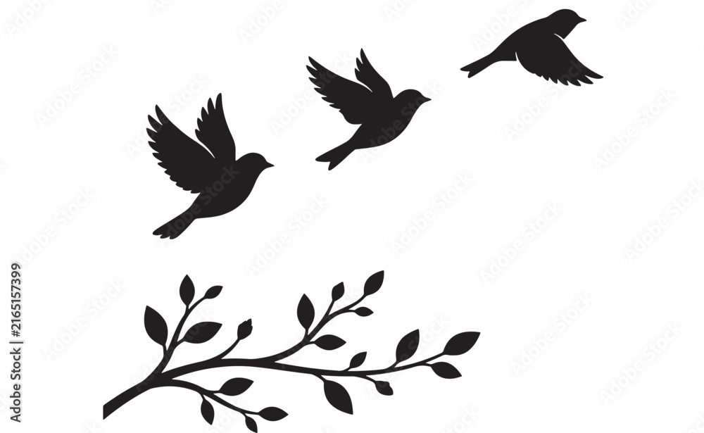 Fototapeta premium Birds Flying Upwards with a Branch Below, Symbolizing Freedom and Nature. Elegant Silhouette Design for Decorative Use.