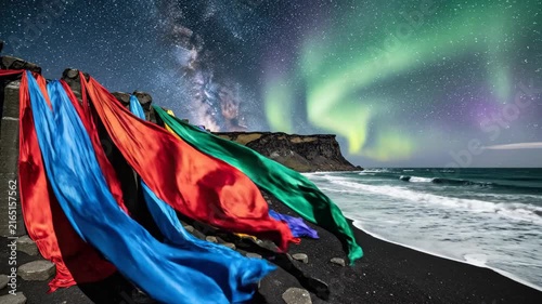Vibrant fabrics on black sand beach under northern lights