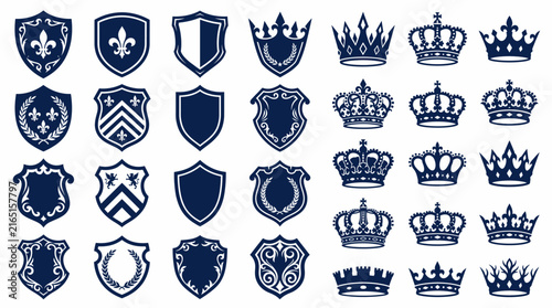 Photography Collection of Heraldic Shield Silhouettes and Royal Crowns in Navy Blue, Ideal for Creating Medieval Logos, Emblems, and Classic Crest Designs