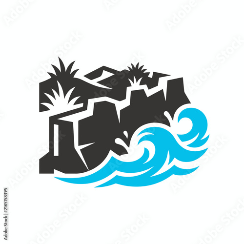 Coastal Powerful Ocean Waves Hitting Rugged Cliffs Vector Illustration