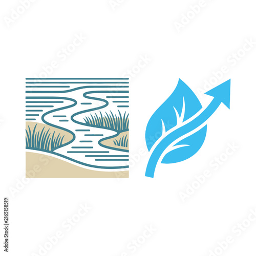 Dynamic River Scene with Upward Growing Leaf Icon for Eco Growth