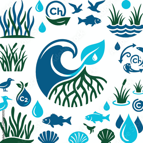 Eco Friendly Vector Illustration of Water Plants Fish Birds C2 Symbol