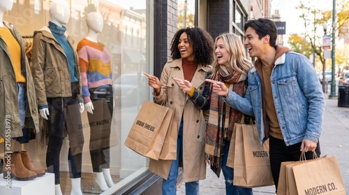 Young people looking at clothing in shopping mall