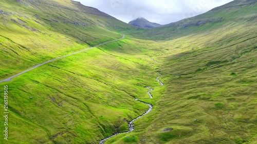 Leitisvegur Road Through the Green Mountain Valley, Vestmanna, Faroe Islands
