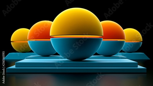 Geometric spheres in vibrant blue and orange with yellow tops arranged on tiered platforms against a dark background